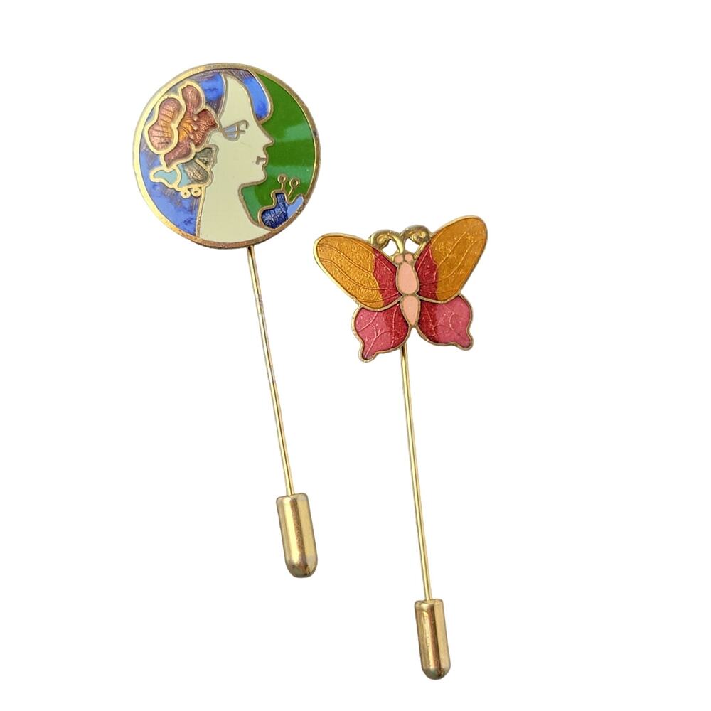 Vintage Enamel Stick Pin Lot, Butterfly, Lady Face, 2 Pieces, Gold Tone